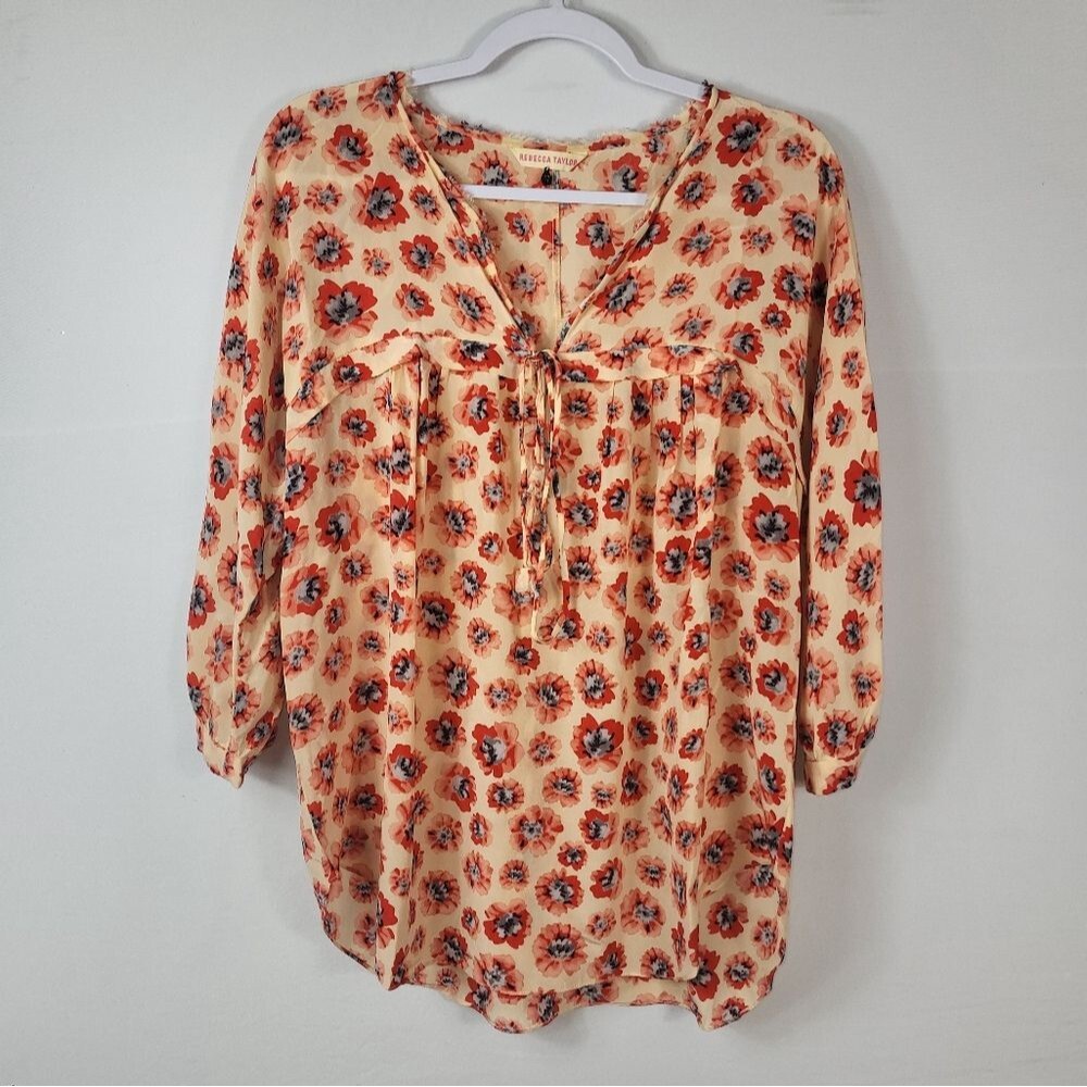 Rebecca Taylor Silk Pink Floral Vneck Chic Keyhole Neck Blouse 10
